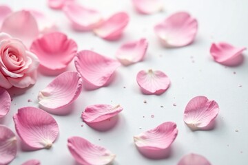 Delicate rose pink petals scattered on a white surface with subtle glitter effect, pastel, delicate, nature
