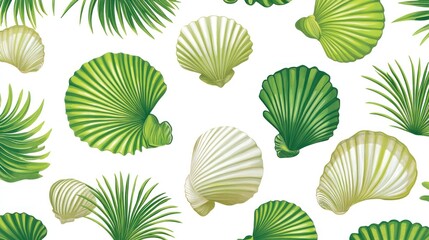 Tropical seamless pattern with shells and palm leaves.