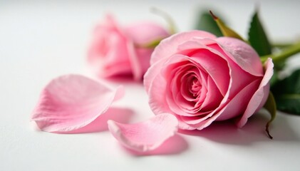 Fototapeta premium Delicate rose petals unfolding on a serene white surface, flower, floral arrangement