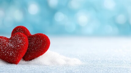 Fototapeta premium Two red hearts sitting on top of a pile of snow