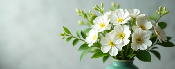 Fototapeta premium Kalanchoe white flower arrangement in a vase with greenery, Spring Florals, Vase Fillers
