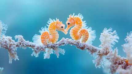 A pair of seahorses entwined around a coral branch, with shimmering blue water as the background, during a magical underwater encounter