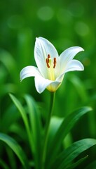 Fototapeta premium Delicate white lily blooms on lush green grass, flora, lily, botanical