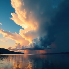 Majestic storm cloud formations with towering cumulus and stratus layers above a serene blue lake, black gold, stormy sky, hexagonal