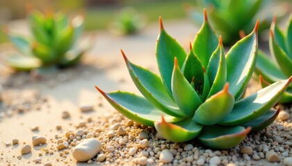 Fototapeta premium Succulent aloe cactus growing in the sandy soil, leaves, foliage