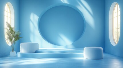 Minimalist blue room with circular centerpiece and natural light
