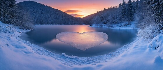 Naklejka premium Frozen Heart Lake Sunrise Winter