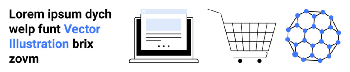 Laptop displaying a document, a shopping cart, and an abstract network structure. Ideal for business presentations, e-commerce, digital content, networking, and technology. Banner for landing page