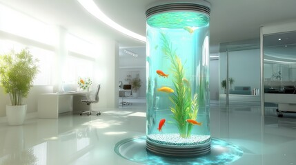 Futuristic office interior with large cylindrical aquarium containing goldfish and plants.