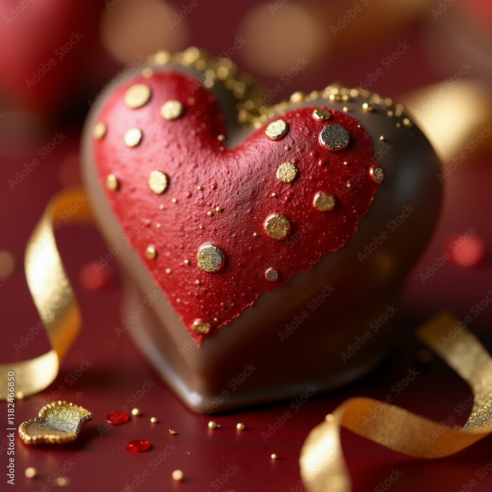 Poster the image is a close-up of a heart-shaped chocolate cake. the cake is dark brown in color and has a 