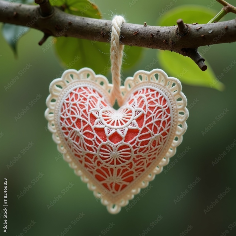 Poster the image is a close-up of a heart-shaped ornament hanging from a tree branch. the heart is made of 