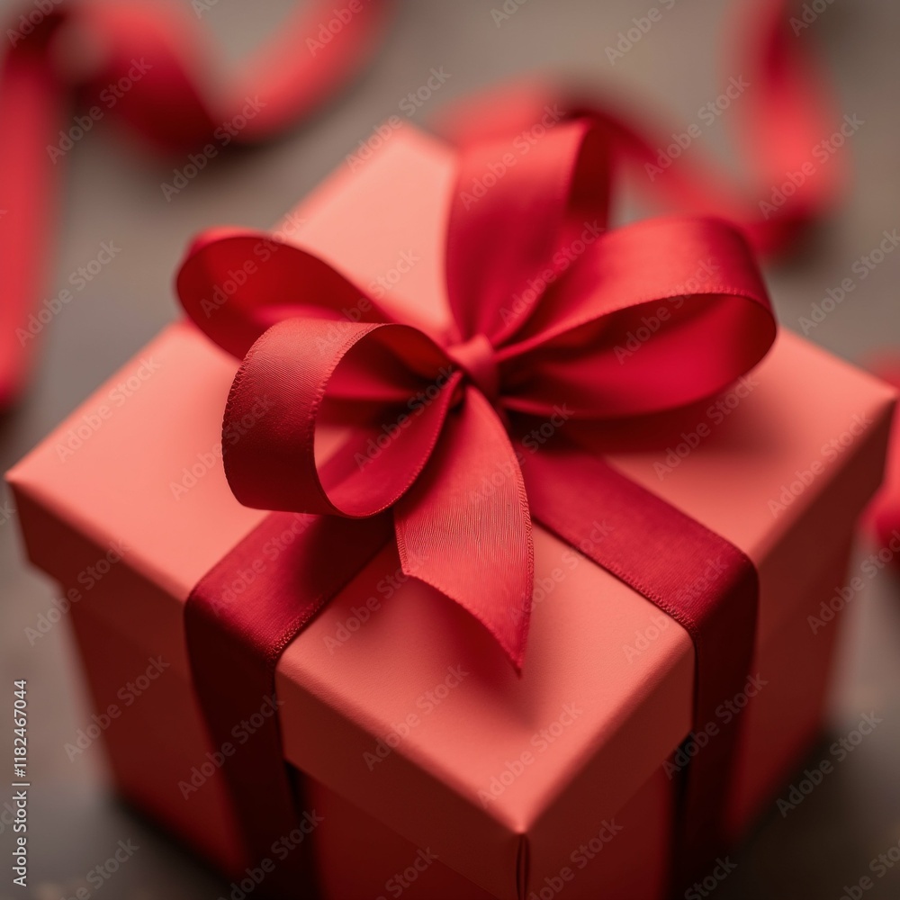 Poster the image is a close-up of a small gift box with a red ribbon tied in a bow on top. the box is squar
