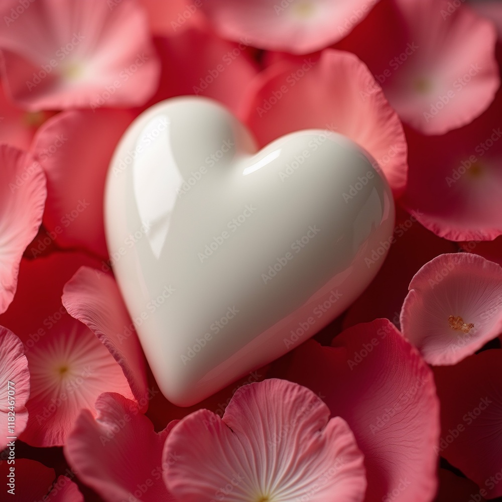 Poster the image is a close-up of a white heart surrounded by pink rose petals. the heart is in the center 