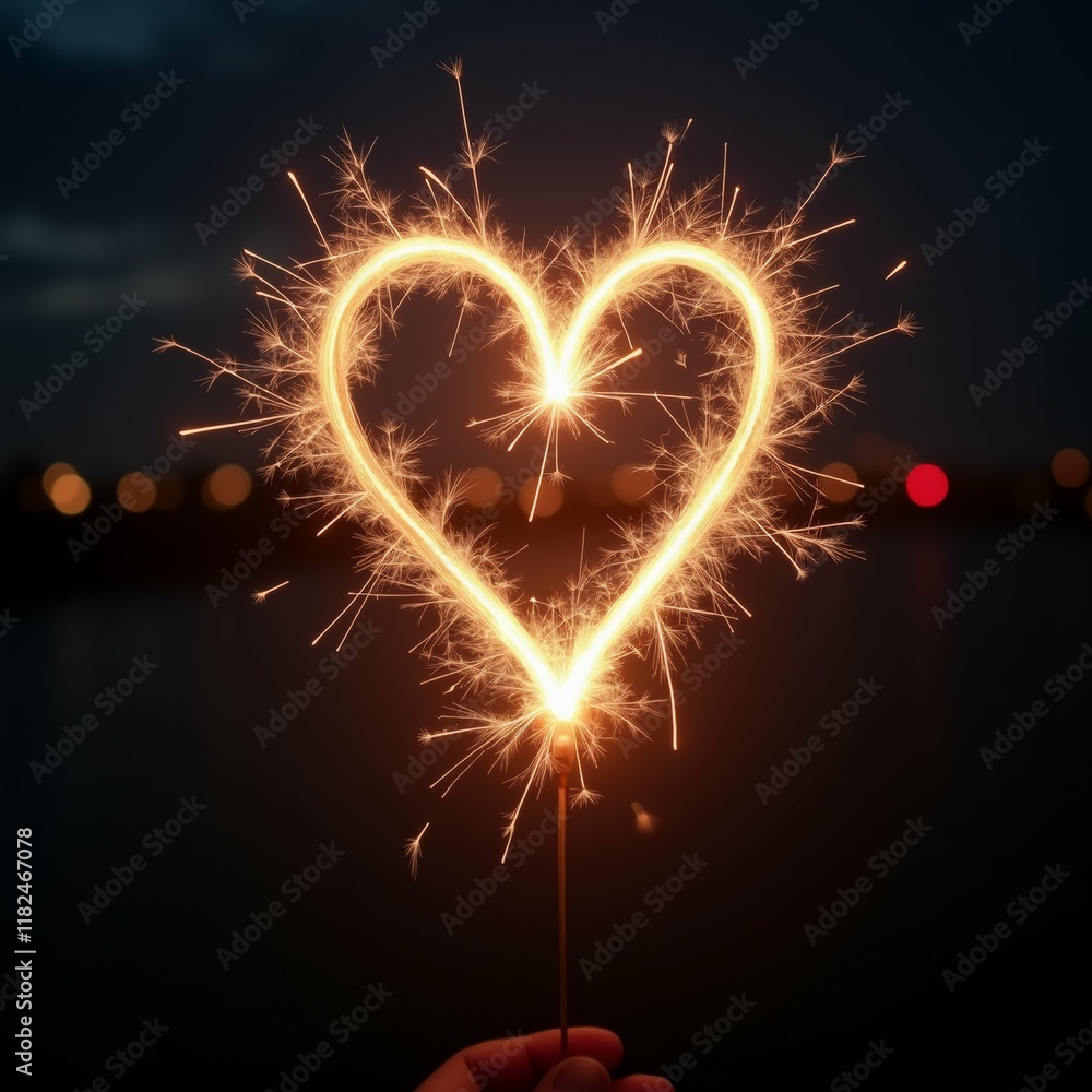 Aufkleber the image is a close-up of a sparkler in the shape of a heart. the sparkler is held in a person's ha
