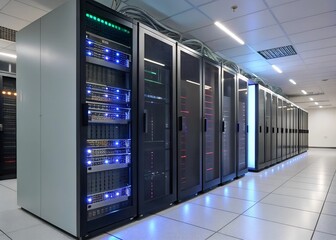 A row of server racks in a data center, featuring sleek design and illuminated sections, reflecting a modern technological environment. Concept Server Rack Design, Modern Data Center