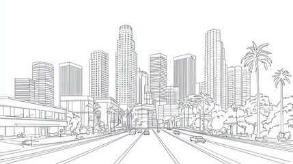 Cityscape, freeway, palm trees, architectural sketch, urban planning