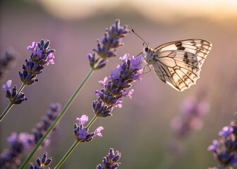 A butterfly landing on lavender, shallow depth of field, soft afternoon lighting