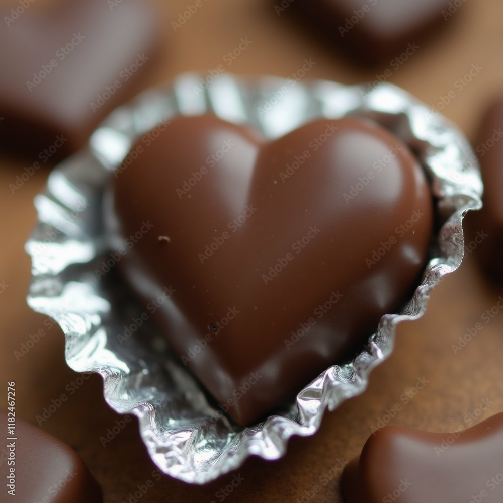 Poster the image shows a heart-shaped chocolate candy in a silver foil wrapper. the chocolate is dark brown