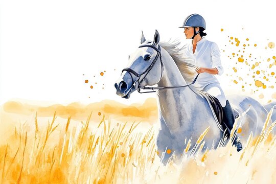 Rider on a dapple-gray horse enjoying a tranquil ride through a soft-focused landscape during a sunny day