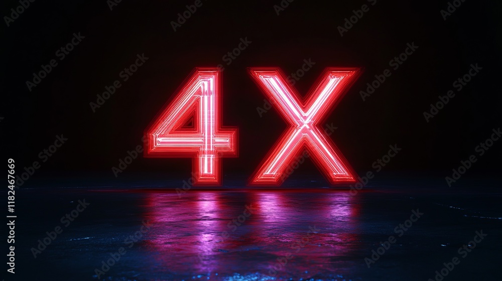 Poster glowing neon 4x in dark ambient setting reflections