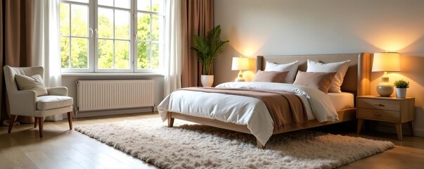 Plush carpeted floor in a large bright bedroom with a comfortable bed and nightstand, floor, carpet, cozy