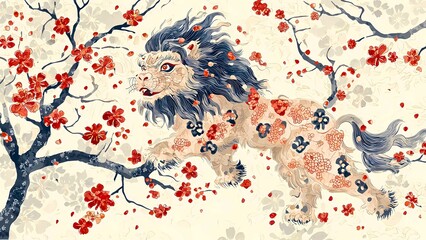 Naklejka premium Lion in Bloom: A majestic lion with intricate floral patterns leaps through a vibrant cherry blossom tree, symbolizing strength and resilience. 