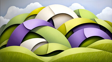A vibrant, abstract landscape featuring layered hills in various shades of green, purple, and white, set against a soft blue sky with fluffy clouds.