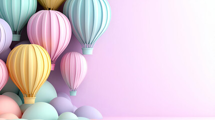 A vibrant display of pastel-colored hot air balloons floating against a soft gradient background, creating an uplifting and whimsical atmosphere.