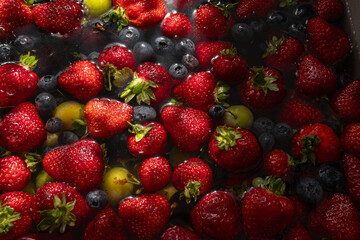 Fresh strawberries, blueberries, and green plums floating in water, illuminated by natural light. Vibrant and colorful assortment of summer fruits, perfect for healthy eating and refreshing beverages
