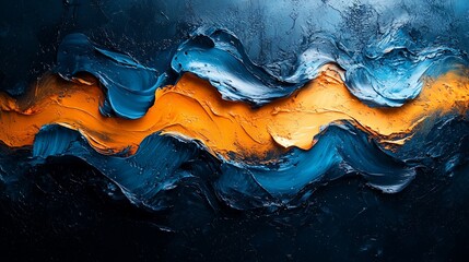 Abstract Impasto Painting Blue Orange Waves