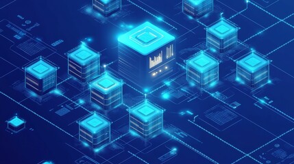 Glowing blue data cubes connected on a network.