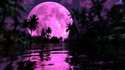 A vibrant pink moon illuminates a tropical landscape, reflecting on calm waters surrounded by lush palm trees under a starry sky.