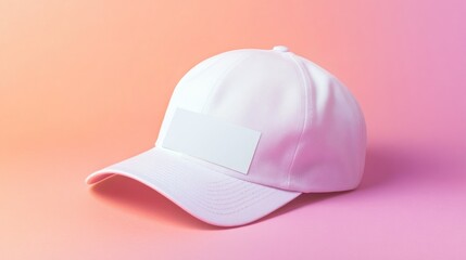 Fototapeta premium White baseball cap with blank label on pink background.