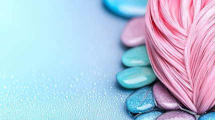 A close-up of pink and blue decorative elements on a textured surface, evoking a serene and artistic atmosphere.