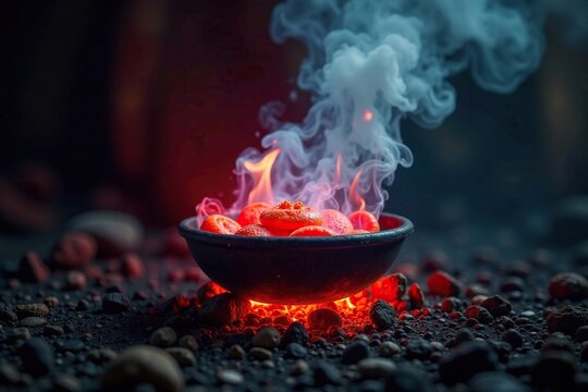 Encendido de cachimba con pastillas calientes y humo, humo al aire, llama roja