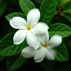 Fototapeta premium Jasmine blooms with green leaves in the background, natural, jasmine