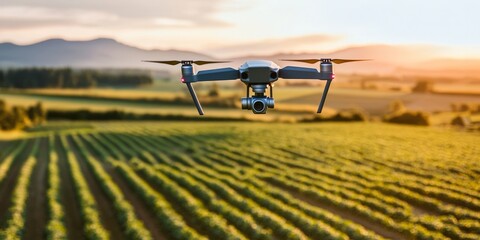 Fototapeta premium Drone flying over vast agricultural fields at sunset