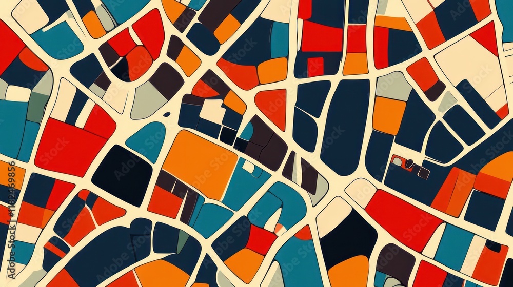 Poster abstract city map with colorful blocks and roads.