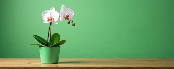 A single white orchid in a small green pot on a wooden table, green, flower, table
