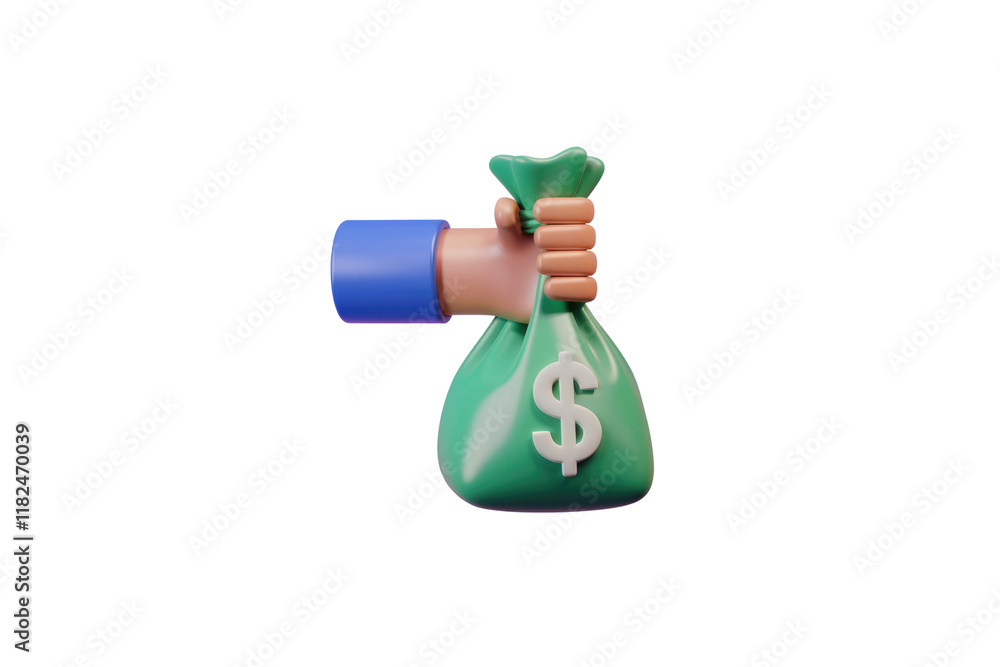 Poster a 3d rendering of a hand holding a money bag, symbolizing wealth and finance. background removed