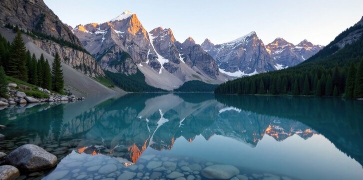 Morningside Peak reflected in Moraine Lake's calm waters, Rockies, alpine scenery