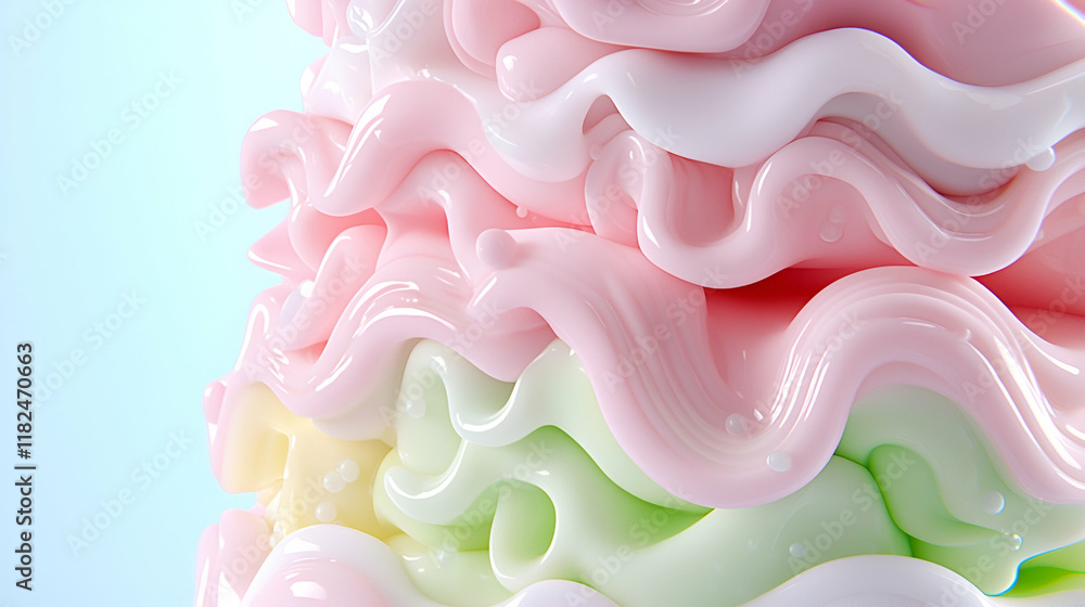 Wall mural A colorful stack of soft, wavy ice cream layers in pastel pink, white, and green, creating an appealing and whimsical dessert display.