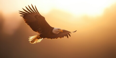 Majestic Bald Eagle in Flight Against Sunset Sky