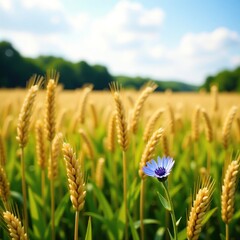 Obraz premium Small blue cornflower growing amongst tall stalks of golden wheat in a rustic countryside scene, countryside, landscape