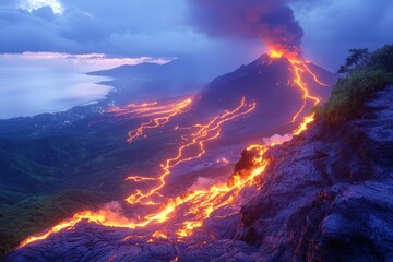 Fototapeta premium A majestic volcanic eruption in full force, with flowing lava cascading down the mountain slope, lighting up the night sky with a fiery glow, and steam rising from the crater.