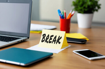 BREAK text words phrase on a sticker on the office desk