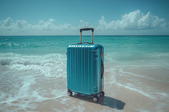 Turquoise suitcase standing on tropical beach shore with gentle waves and blue sky – ideal for vacation ads, travel agency marketing, and getaway lifestyle content - Powered by Adobe
