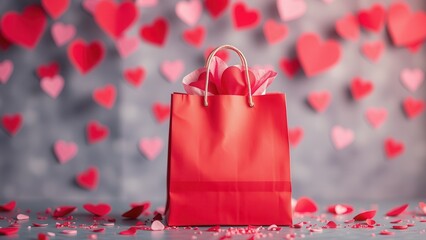 Fototapeta premium Gift paper bag on the romantic background with hearts.