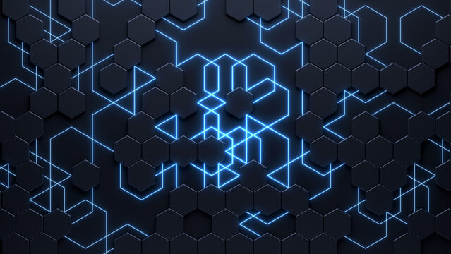 3d abstract blue futuristic background with hexagon pattern with light rays.