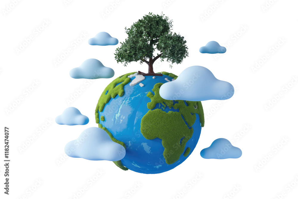 Poster a 3d rendering of a small green planet earth with a tree on top, surrounded by fluffy clouds. backgr